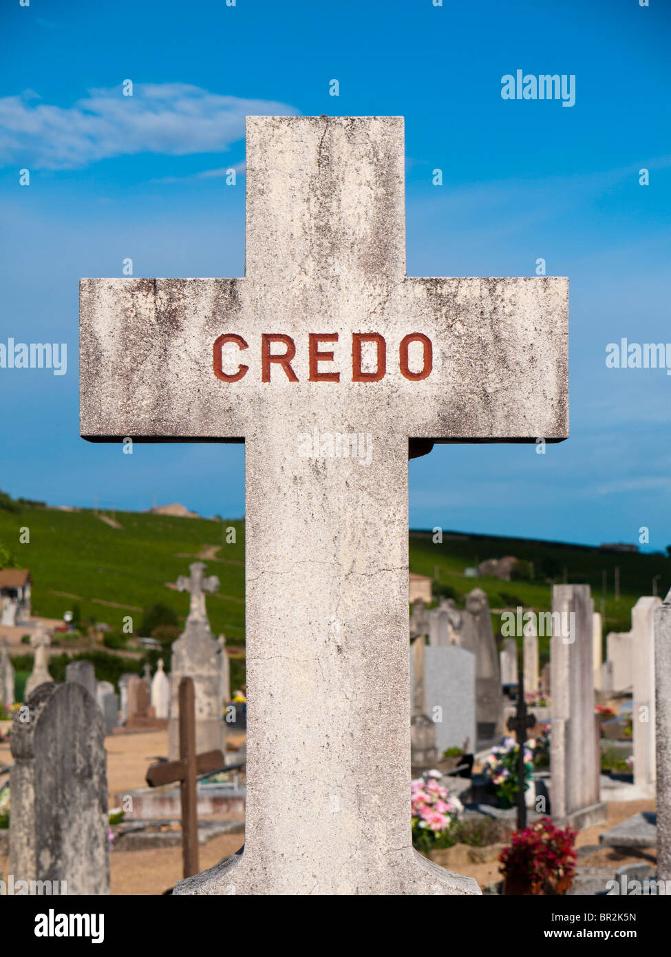 Grave cross on the Fleurie graveyard in Beaujolais, France Stock Photo