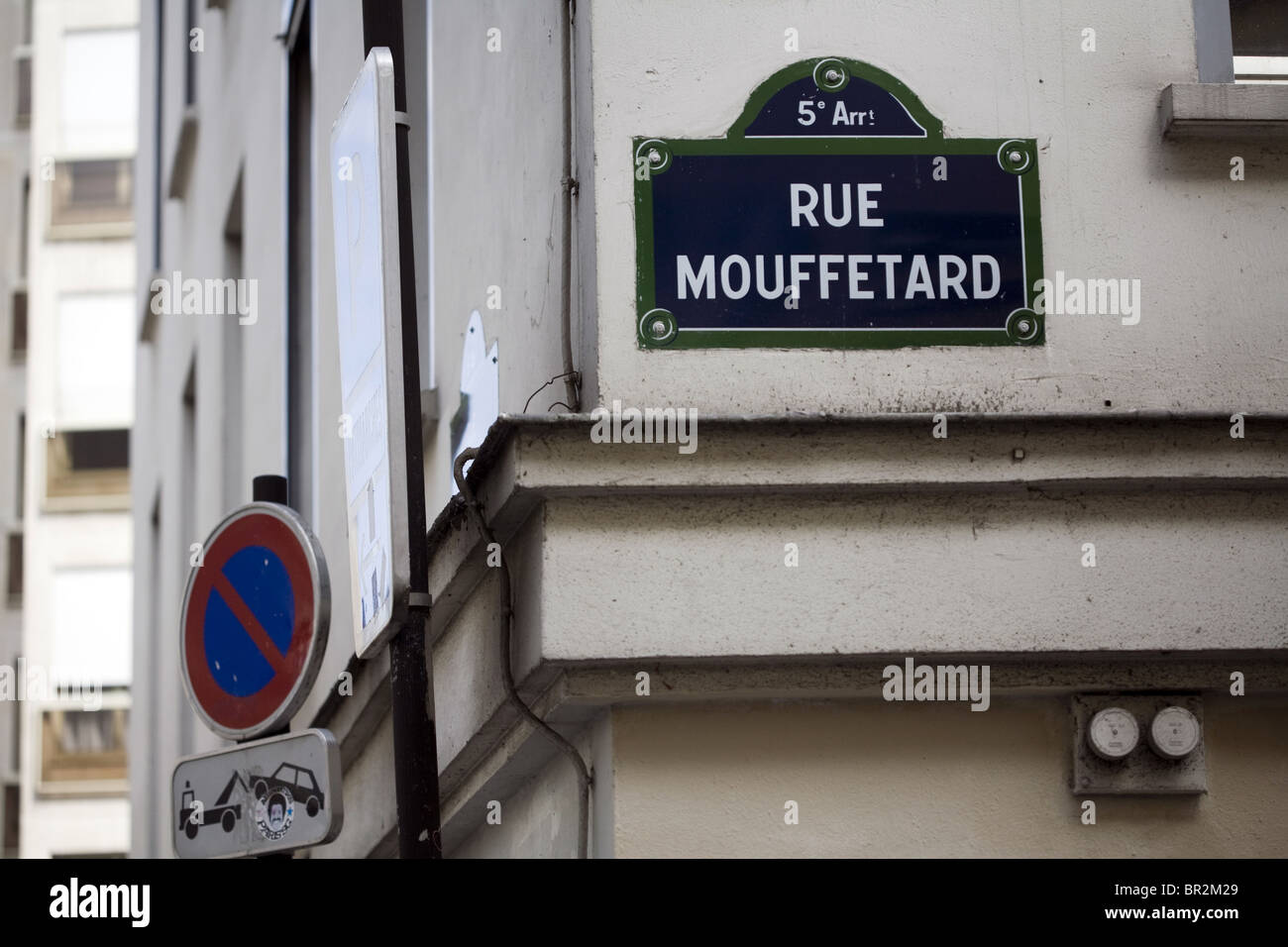 A street sign for Rue Mouffetard. Rue Mouffetard, Paris, a celebrated food market in Paris Stock Photo