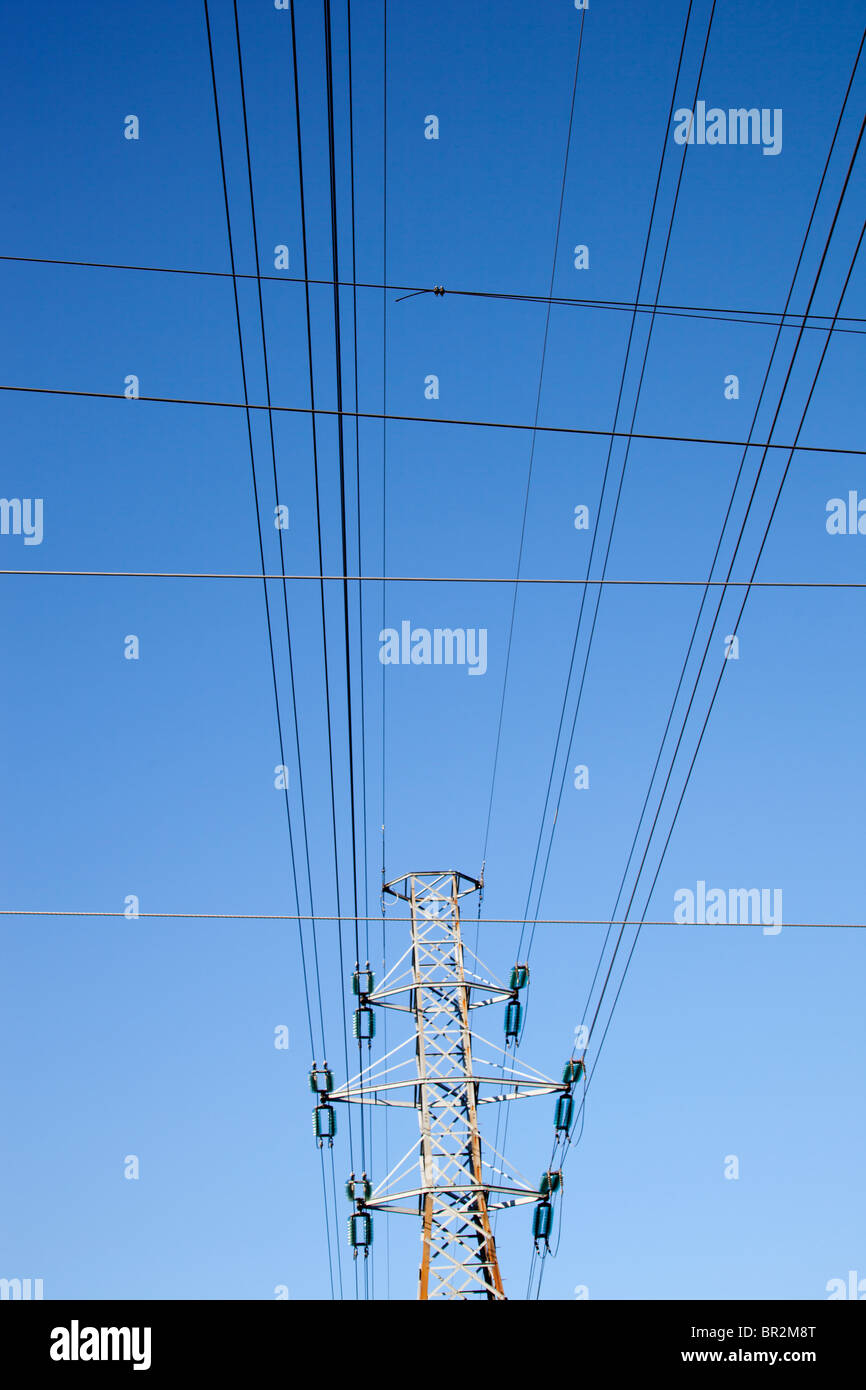 High-voltage overhead power lines and metallic pylon , Finland Stock Photo
