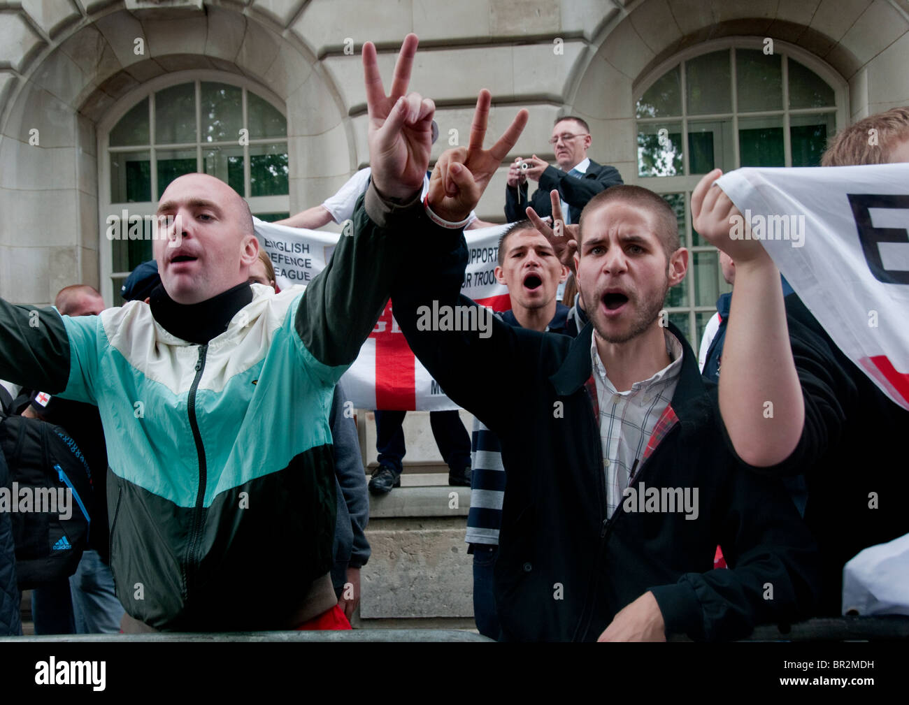 Members of The English Defence League EDL an extreme right wing Islamophobic group protest at the US Embassy on 9/11 2010. Stock Photo