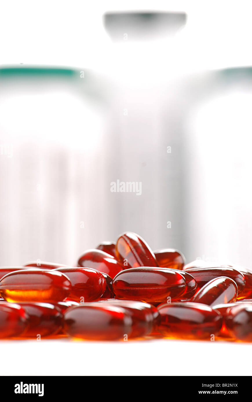 Composition with capsules of dietary supplements and containers Stock Photo