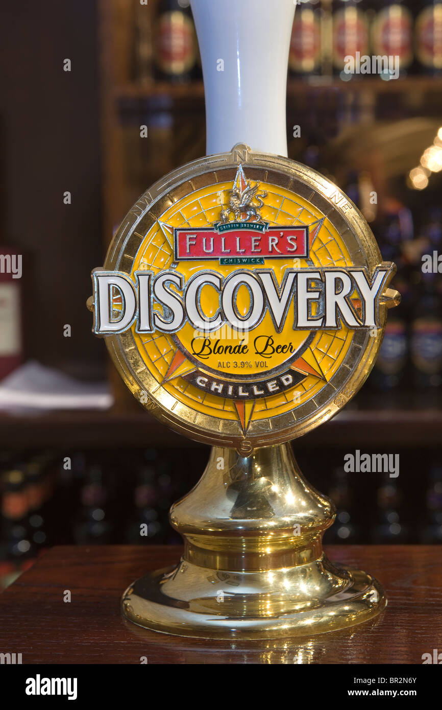 Discovery Ale Beer Pump at Fullers Griffin Brewery Chiswick London Stock Photo