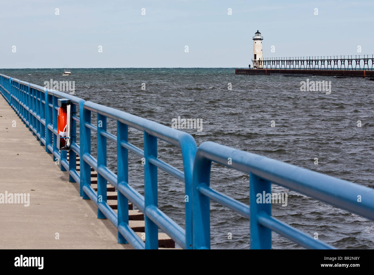 Lake Michigan in USA US Landscape with white Lighthouse and blue ...