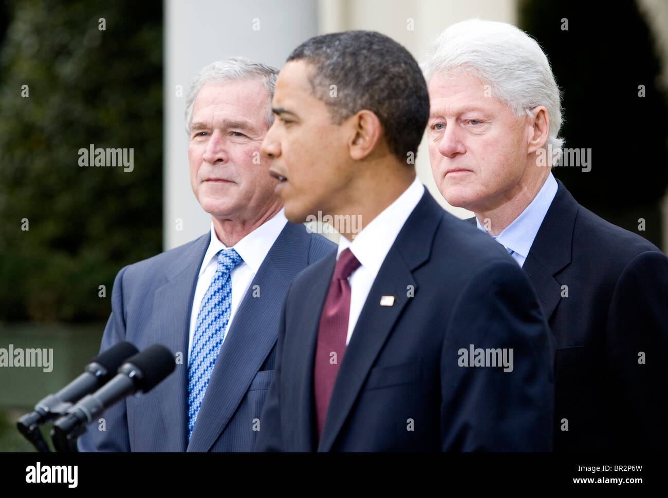 President Barack Obama with former Presidents George W. Bush and Bill Clinton.  Stock Photo