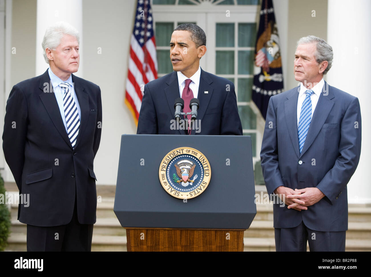 President Barack Obama with former Presidents George W. Bush and Bill Clinton.  Stock Photo