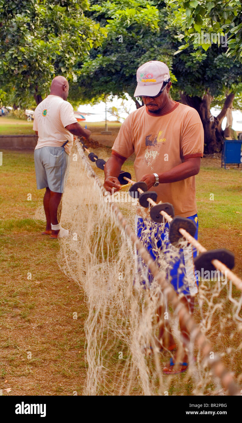 Fishing-net renewal, Tamarin, Mauritius Stock Photo