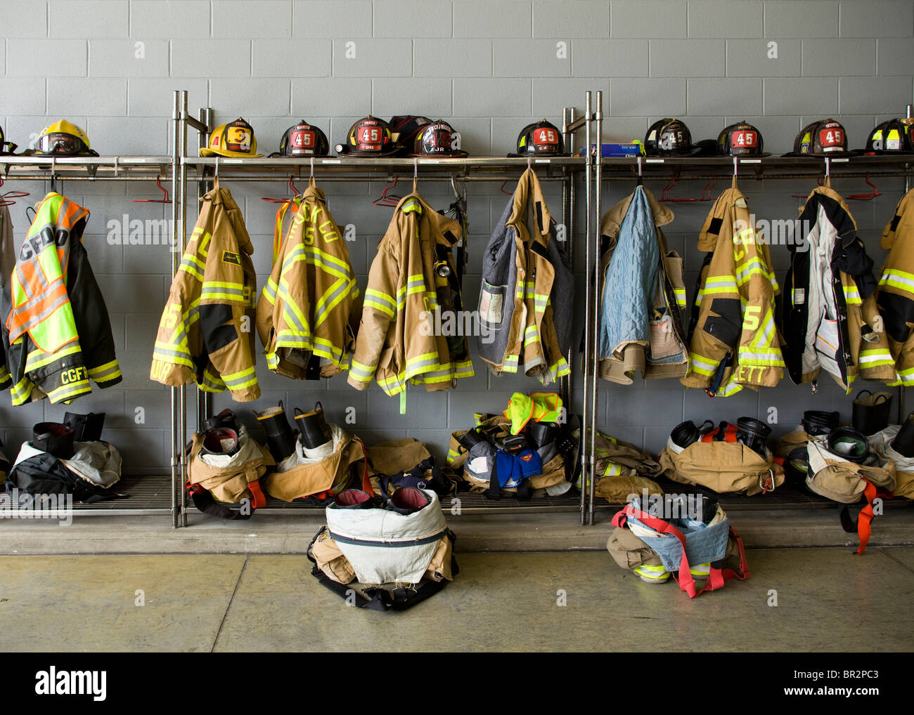 American firefighter helmets and turnout coats - Pennsylvania USA Stock Photo