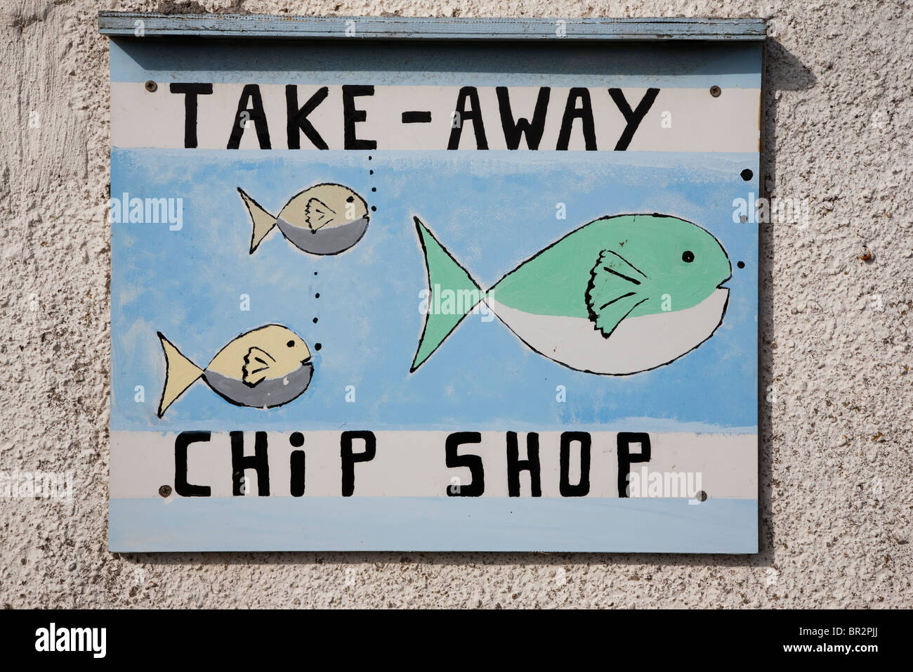 Fish and Chip Take Away Sign on the Isle of Sanday, Orkney Island, Scotland Stock Photo