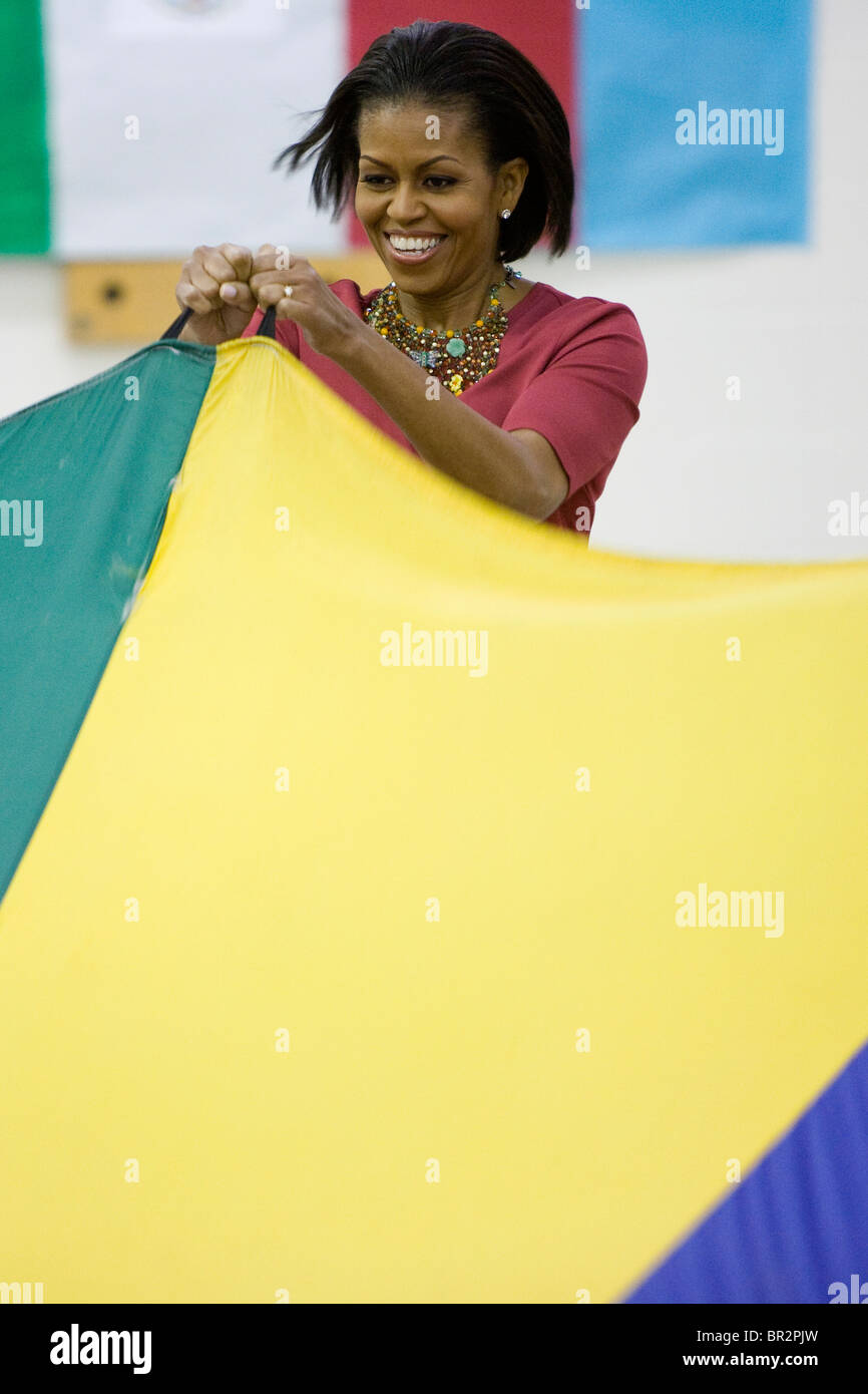 First Lady Michelle Obama visits New Hampshire Estates Elementary School.  Stock Photo