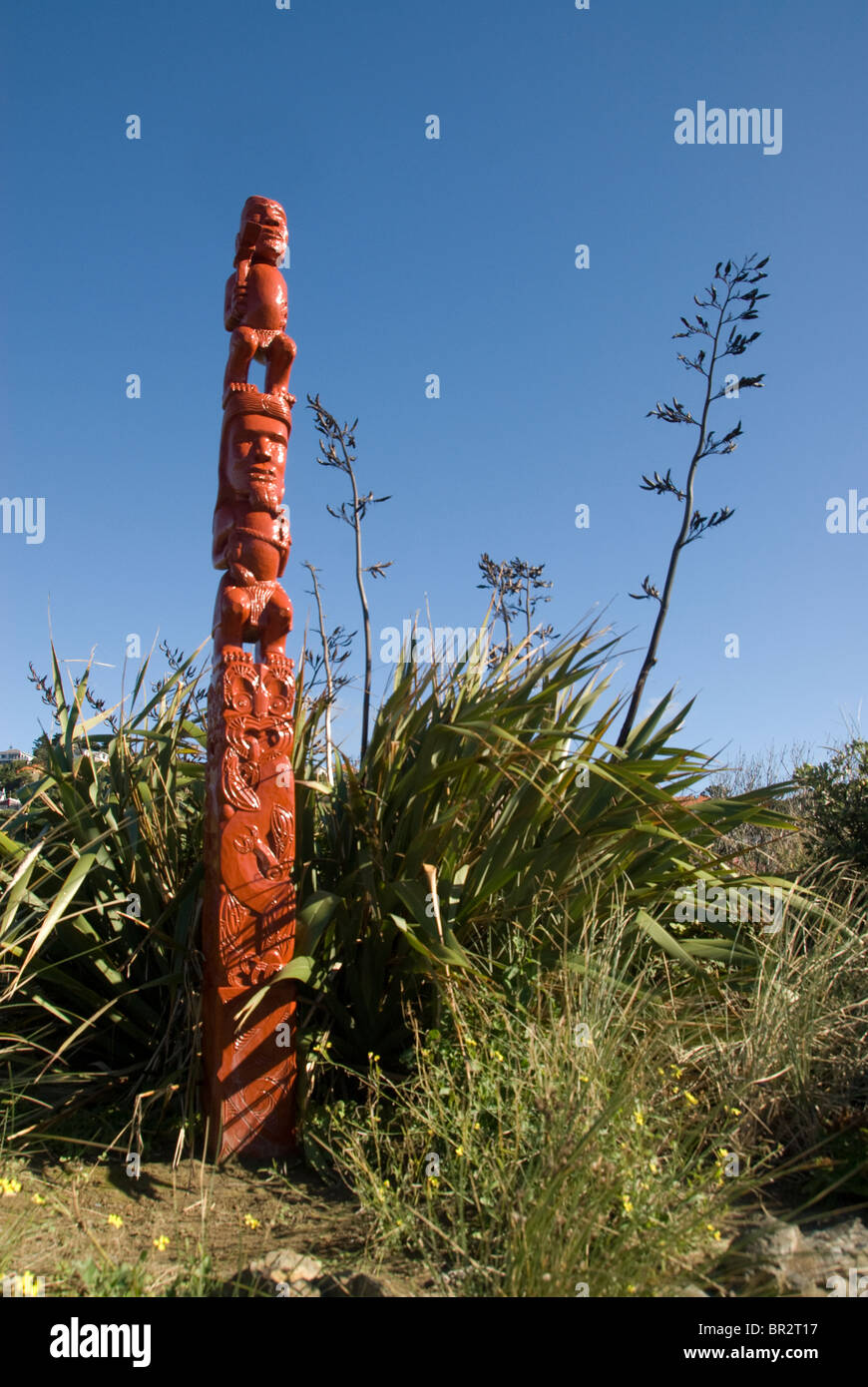 Maori Carving, Island Bay, Wellington, North Island, New Zealand Stock Photo