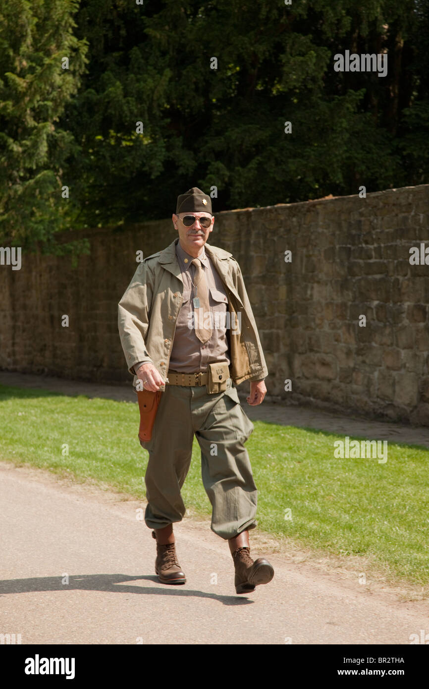 Man dressed in army clothes for WW 2 reenactment in Derbyshire East
