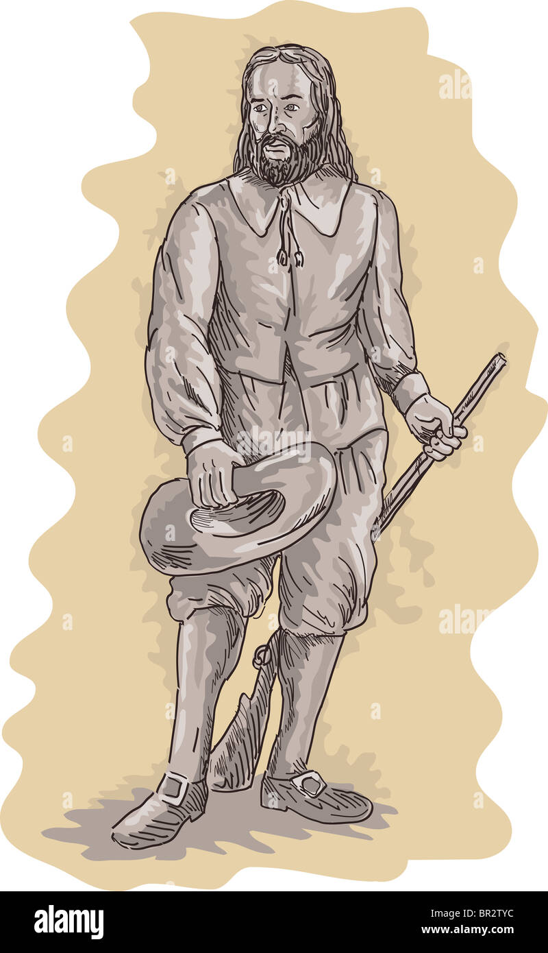 illustration of a Gentleman early settler puritan quaker or Pilgrim standing holding a musket rifle and hat Stock Photo