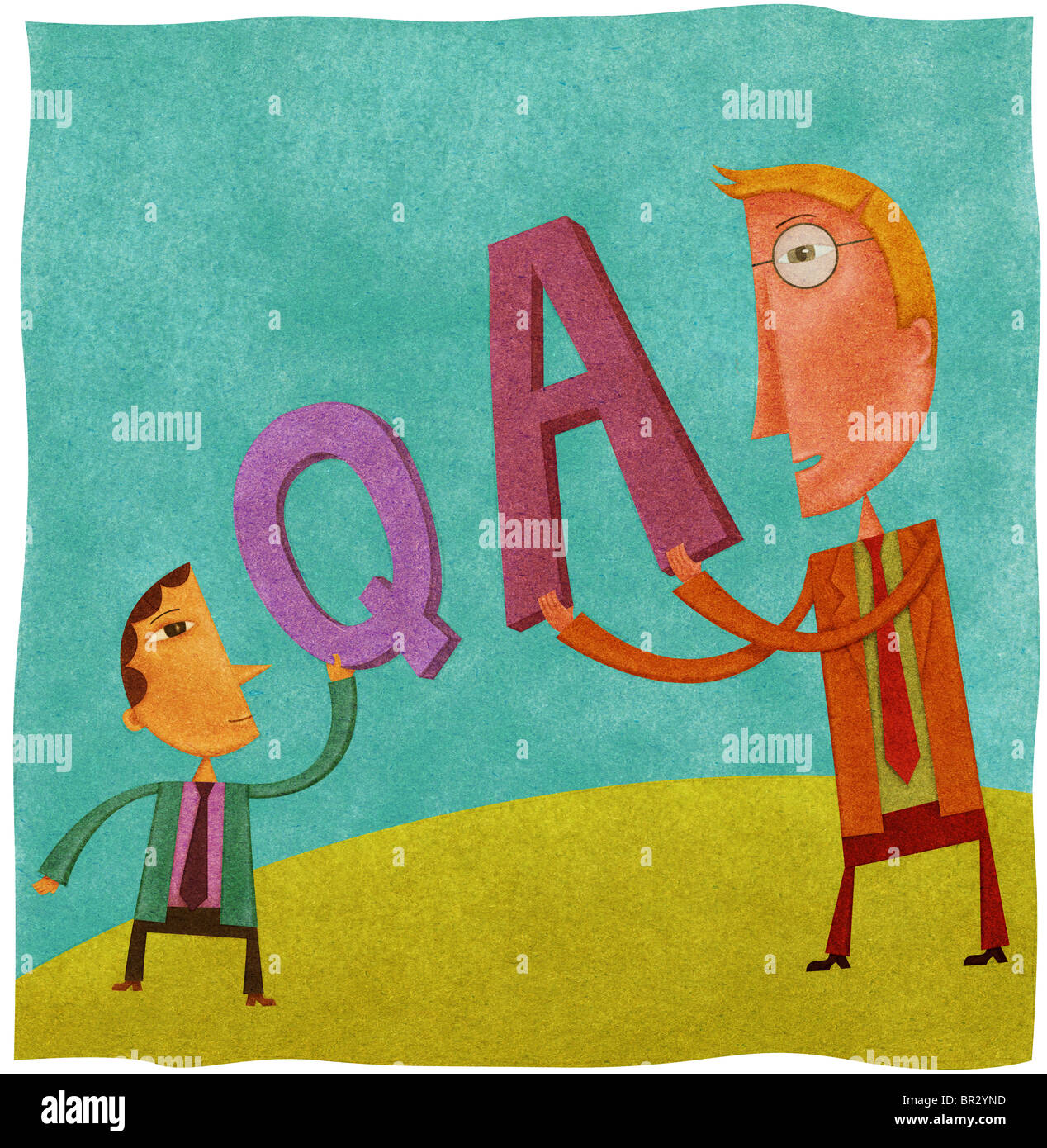 A small businessman holding a Q for question and a large businessman holding an A for answer Stock Photo