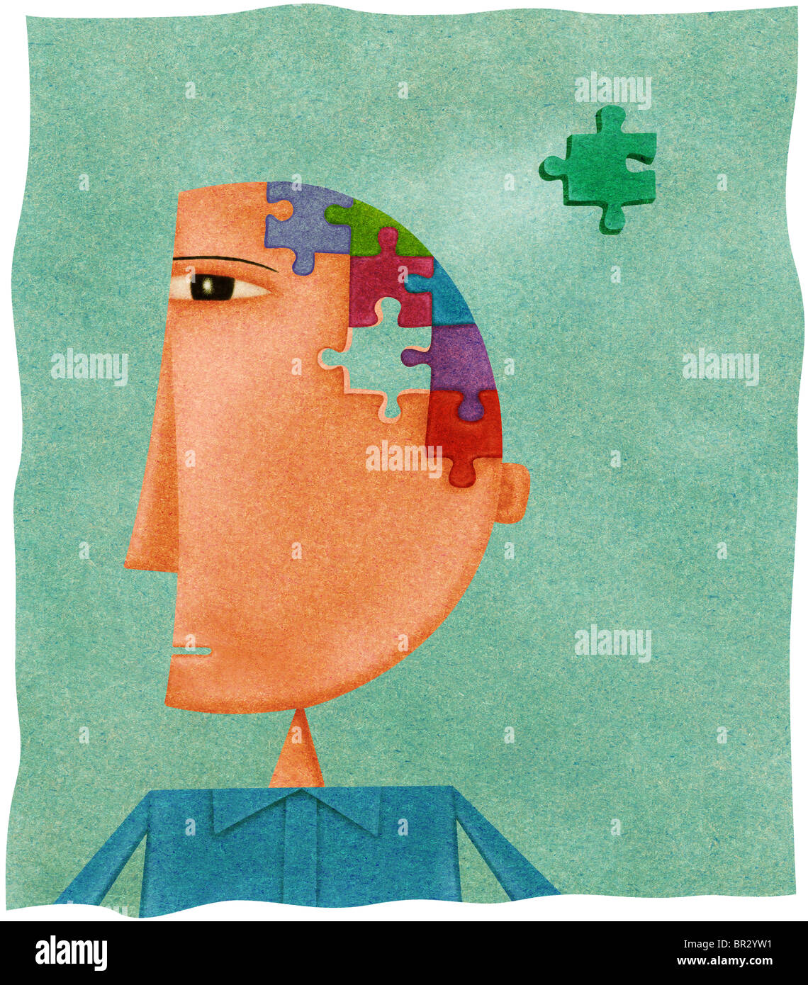 A man with a puzzle on his head and a missing piece Stock Photo
