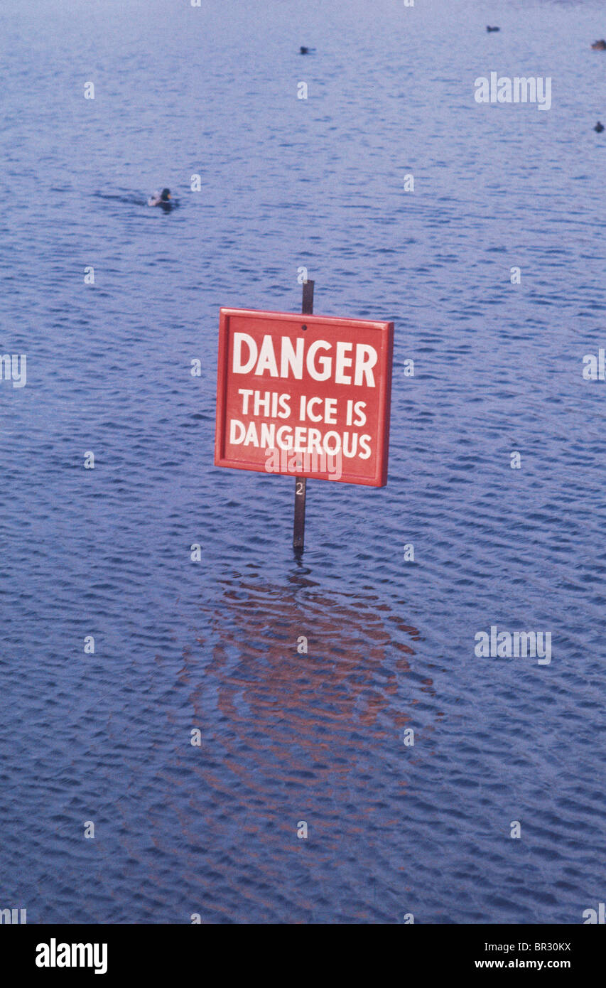 DANGER this ice is dangerous, sign in water Stock Photo Alamy