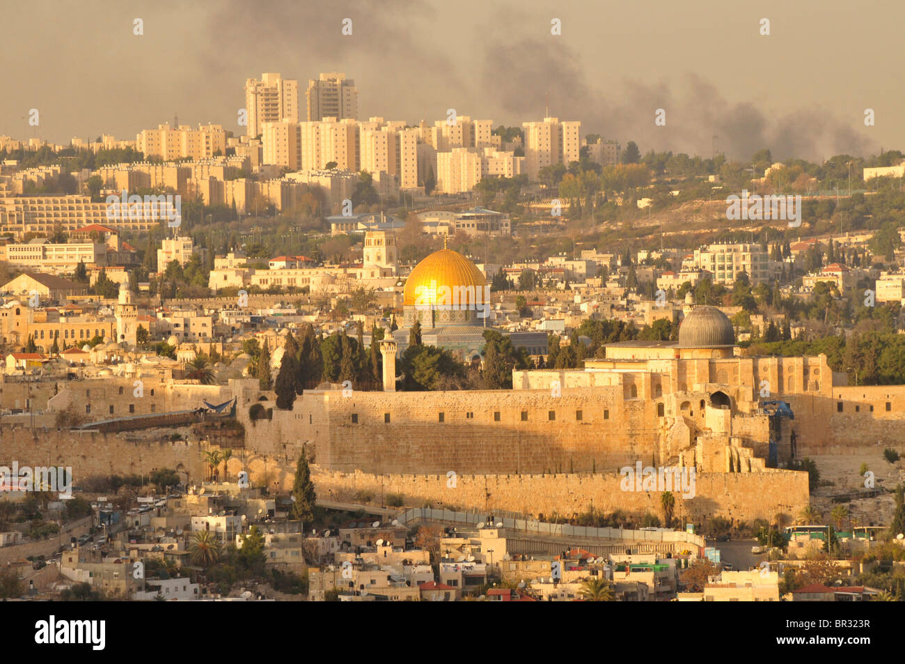 Drift smoke over Jerusalem old town and the Dome of the Rock, Israel, Middle East, the Orient Stock Photo