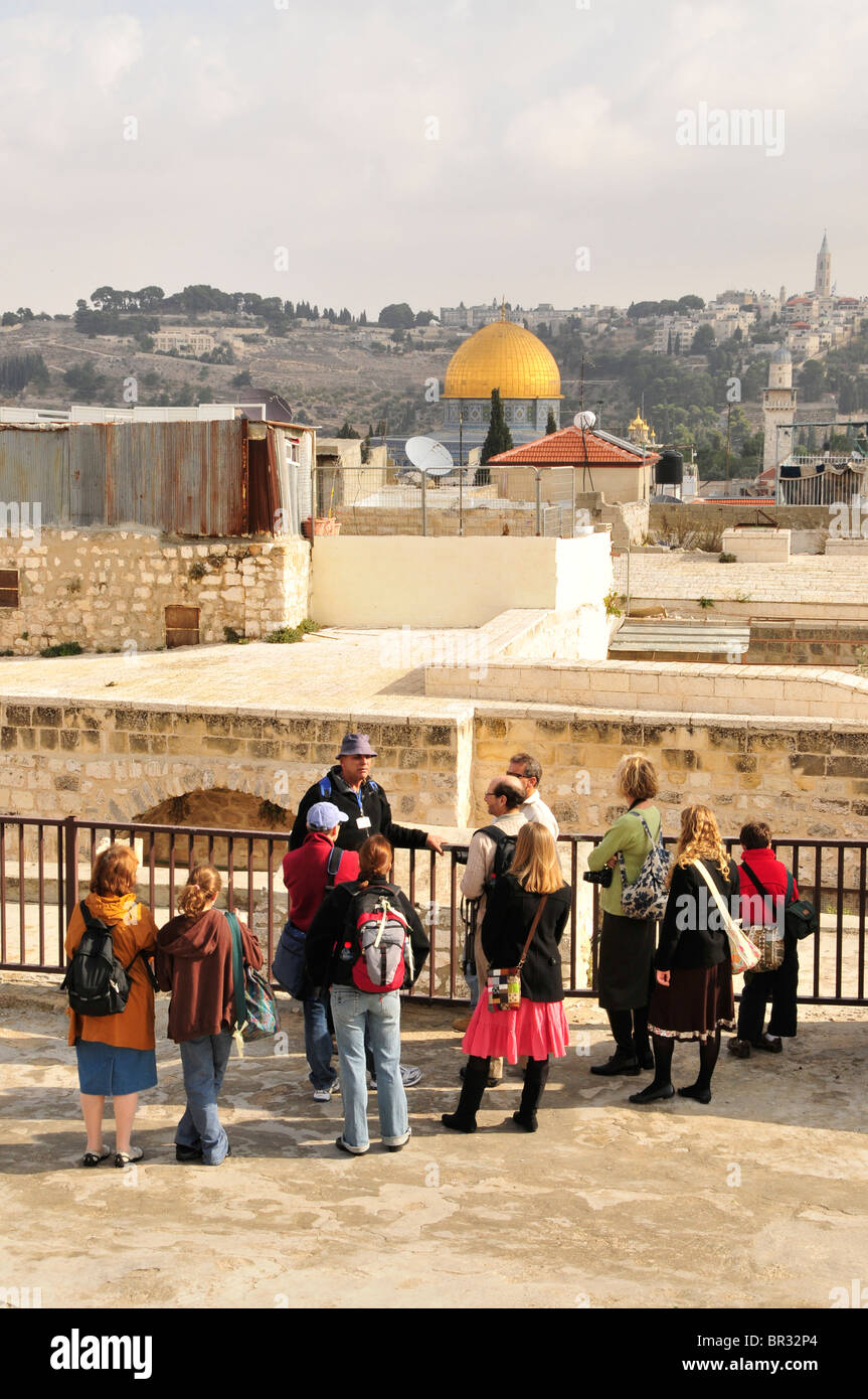 Tourist group during a tour on the roofs of old town Jerusalem, Israel, Middle East, the Orient Stock Photo