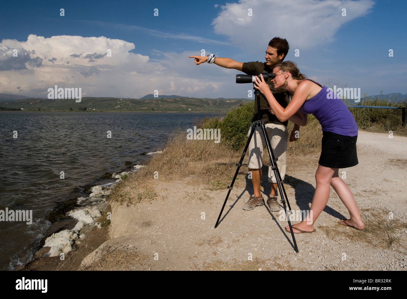 ornithologists count birds, Greece, Peloponnes, Lagune von Gialova Stock Photo