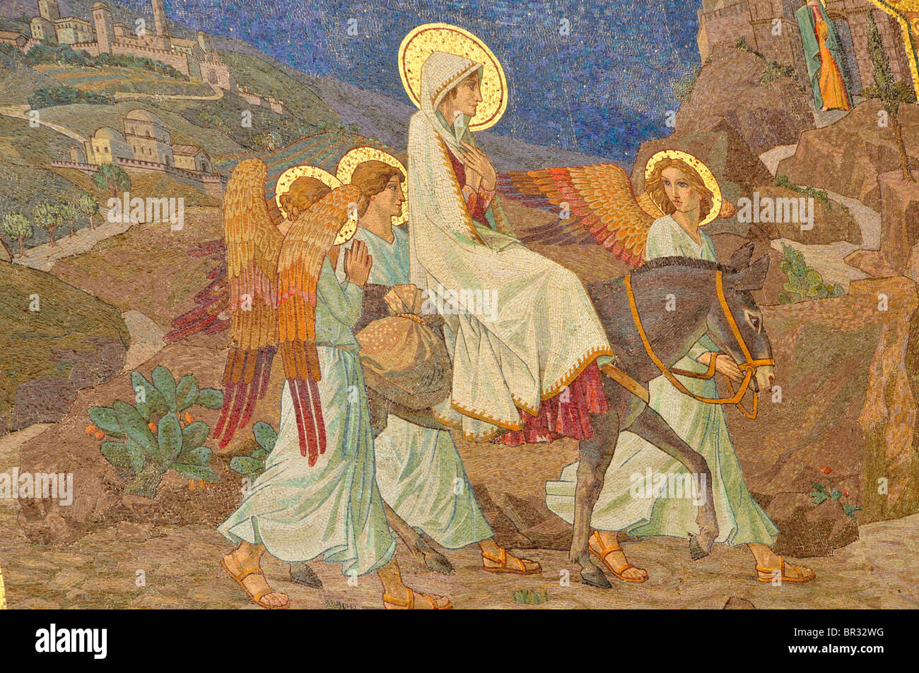 Mosaic by the portal of the Church of the Visitation depicting Mary's journey to En Kerem, En Kerem, by Jerusalem, Israel Stock Photo