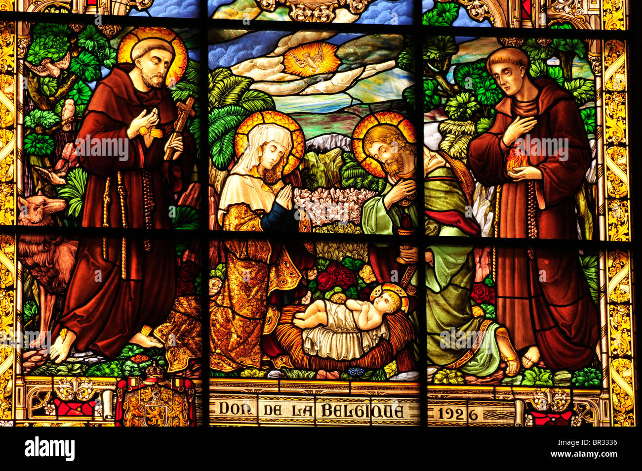 Window mosaic depicting the birth of Christ at Catherine's Church, Bethlehem, West Bank, Israel, Middle East, the Orient Stock Photo