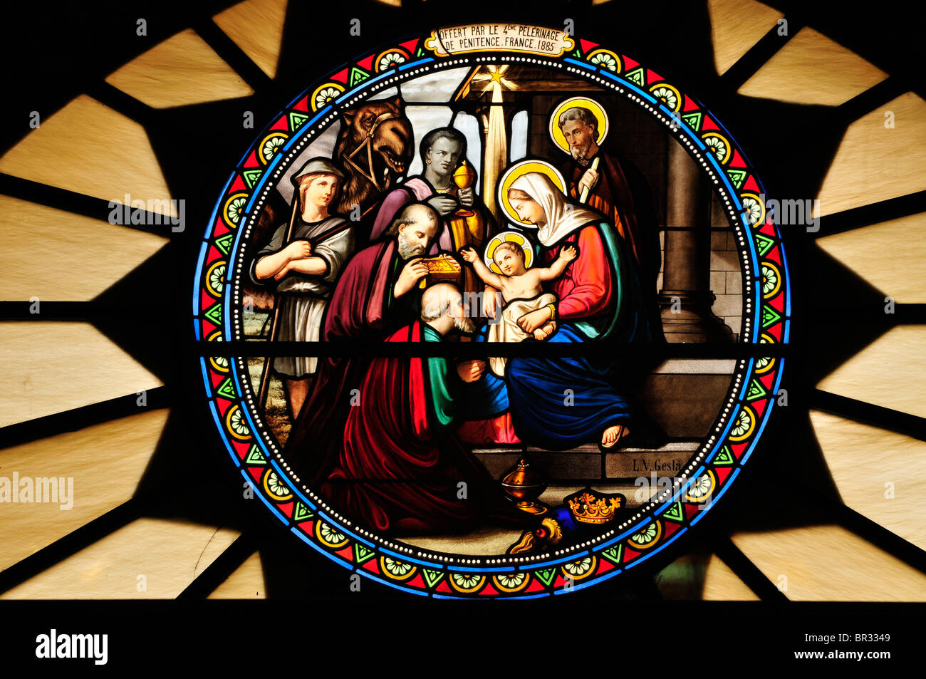 Window mosaic depicting the birth of Christ at Catherine's Church, Bethlehem, West Bank, Israel, Middle East, the Orient Stock Photo