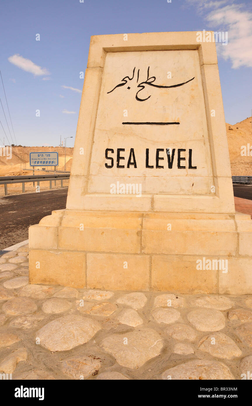 Sea Level sign on the road from Jerusalem to the Dead Sea, West Bank, Israel, Near East, Orient Stock Photo
