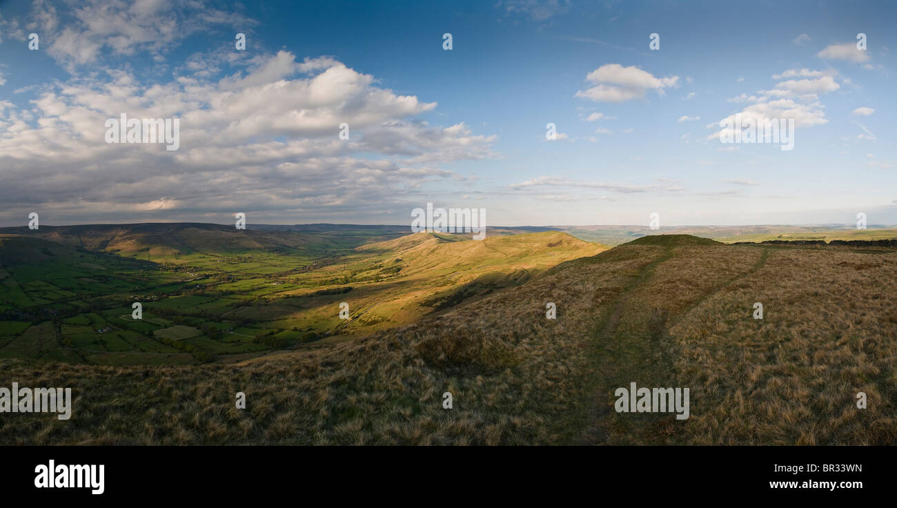 Lord's Seat Bronze Age round barrow overlooking Mam Tor and Hope Valley, Peak District, Derbyshire, UK Stock Photo