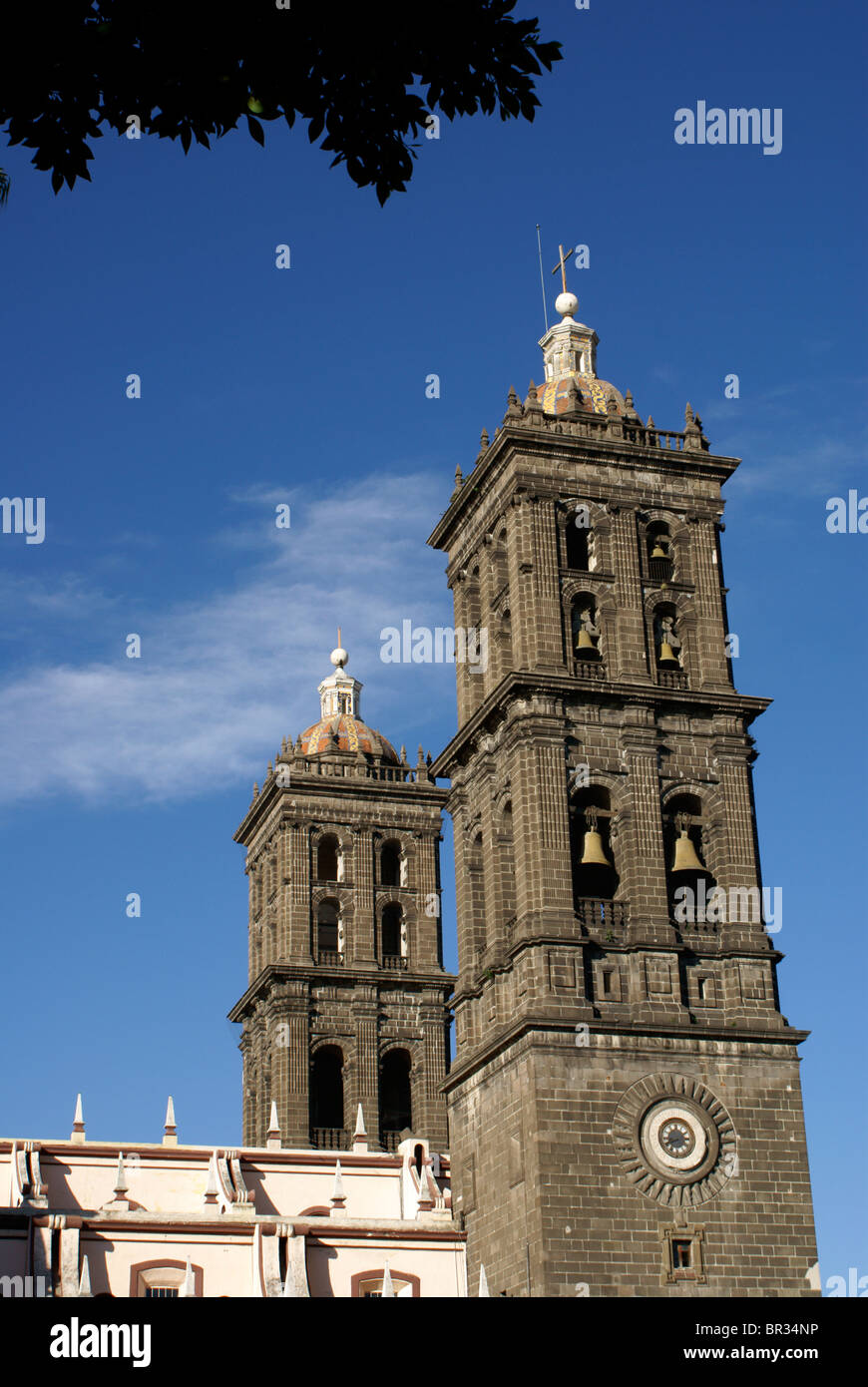 steeples bell towers of the Cathedral of the Immaculate Conception in the city of Puebla, Mexico Stock Photo