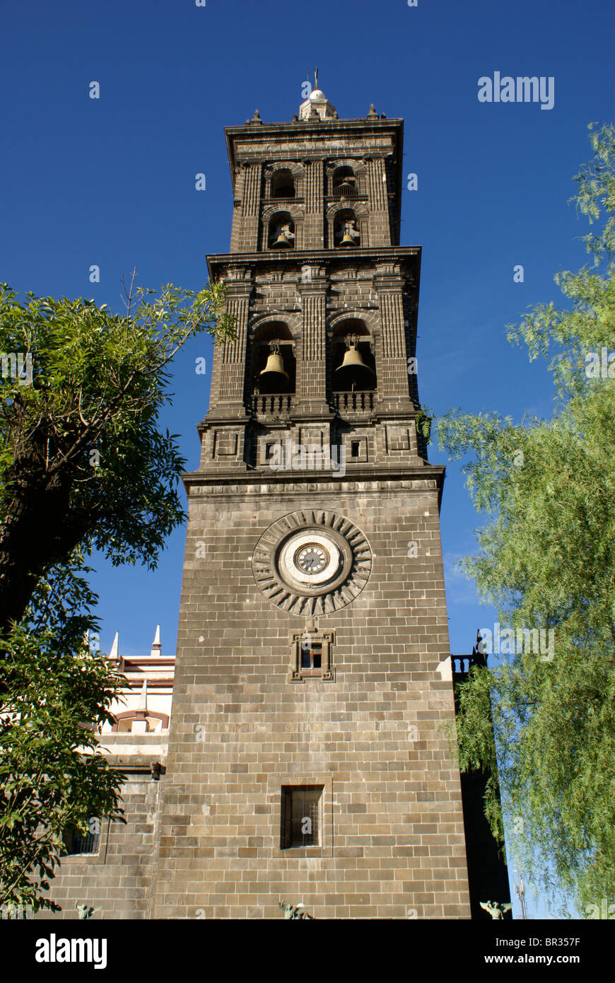 Steeple and bell tower of the Cathedral of the Immaculate Conception in the city of Puebla, Mexico Stock Photo
