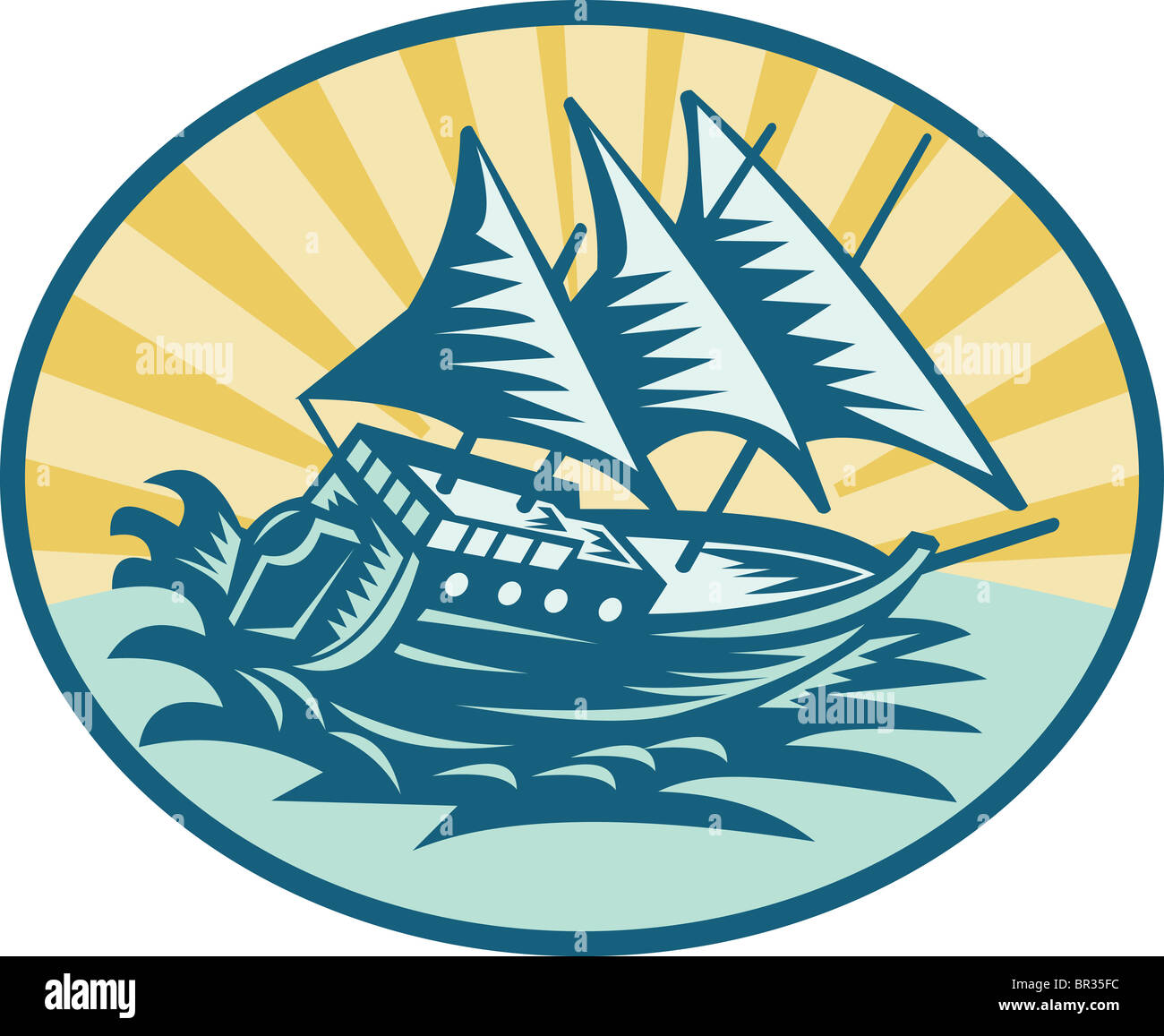 illustration of a galleon historical ship sailing the big waves Stock Photo