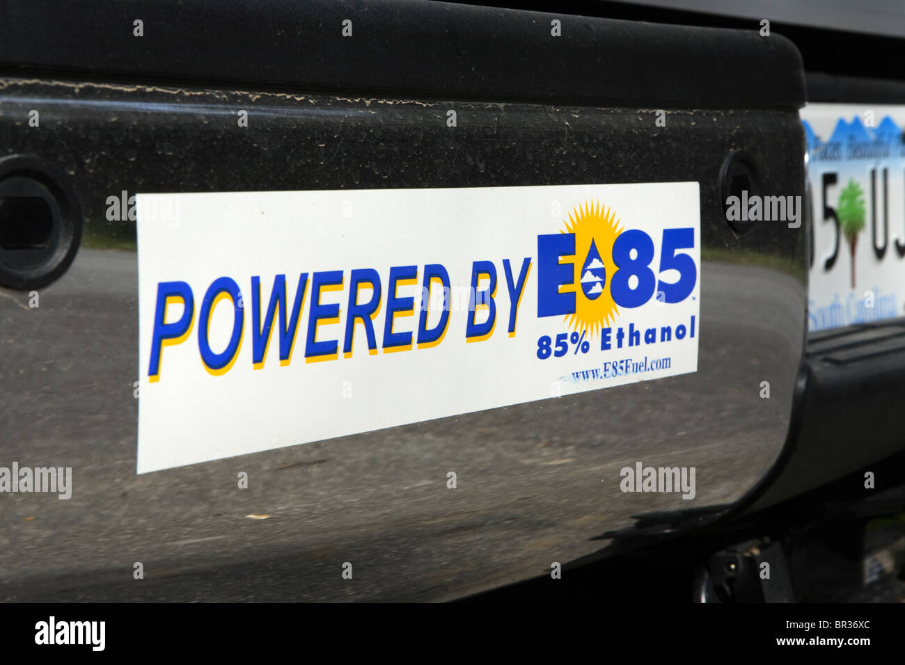 Ethanol (E85) bumper sticker on a large pickup truck parked in the Pisgah National Forest near Brevard, NC Stock Photo