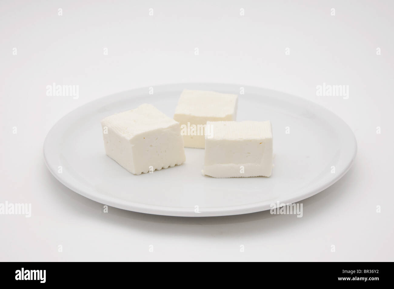 Fresh and tasty goat cheese served on a white plate. Stock Photo