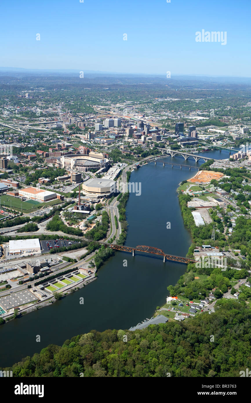 Aerial view of downtown Knoxville, TN along the Tennessee River Stock