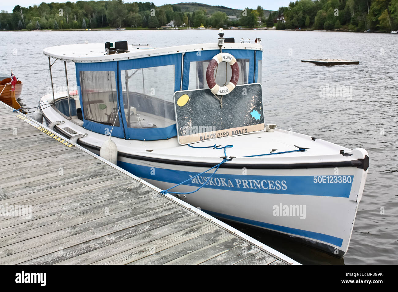 small boat muskoka princess white blue park dock Stock Photo
