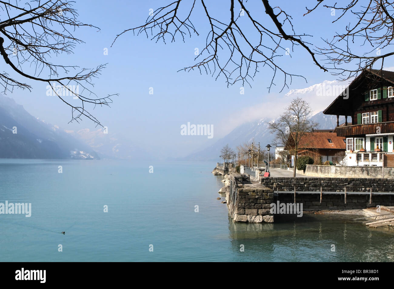 Typical Swiss chalet close to Lake Brienz in the town of Brienz, Berne Canton, Switzerland. Stock Photo