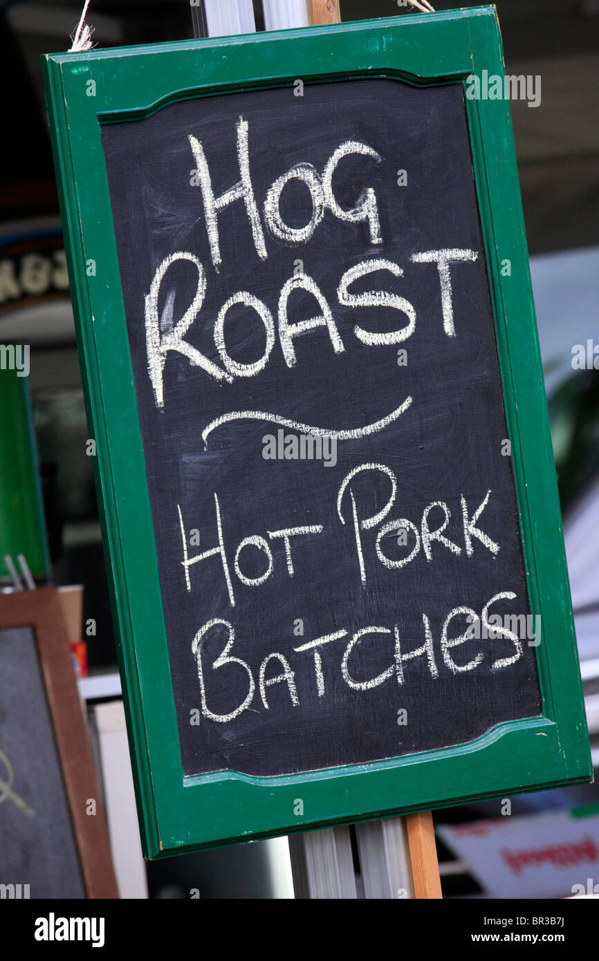 Hog Roast Pork Batches Sign; Leamington Spa Food Festival 2010 Stock Photo