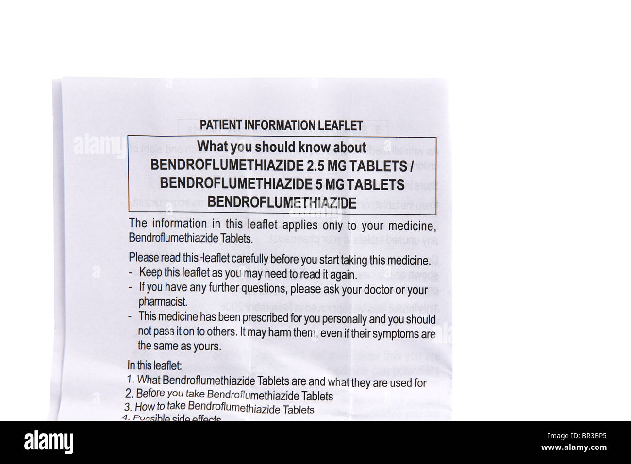 Patient Information leaflet from a packet of Bendroflumethiazide tablets. Stock Photo