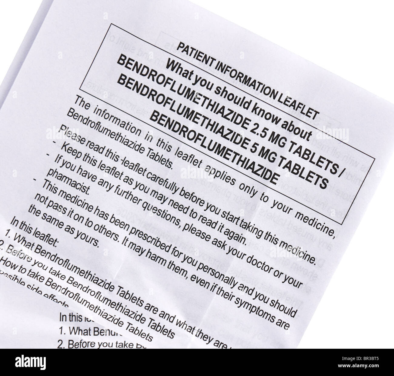 Patient Information leaflet from a packet of Bendroflumethiazide tablets. Stock Photo