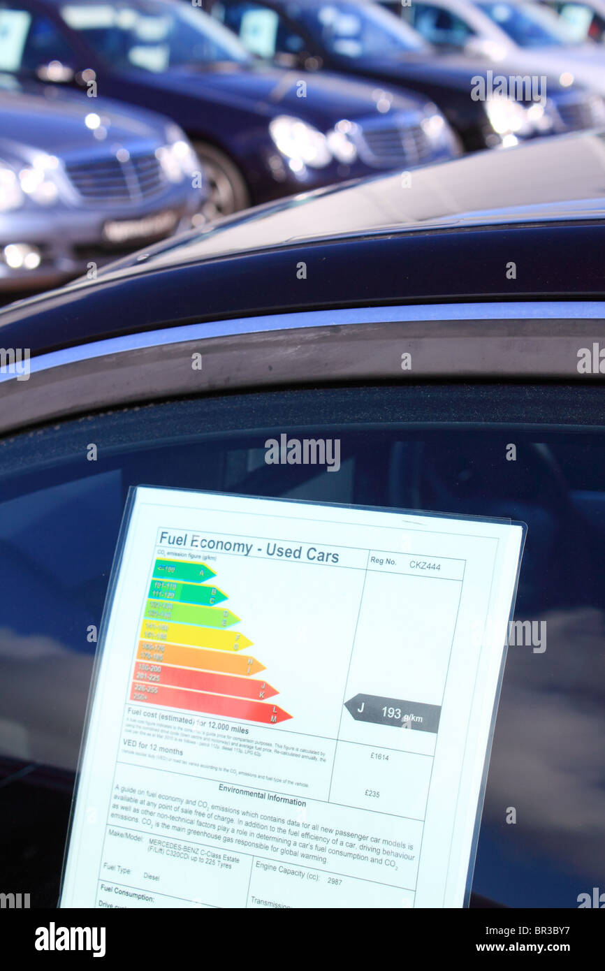 Energy rating diagram indicating CO2 rating on a car in a dealership forecourt Stock Photo