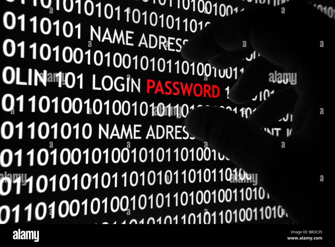 Computer screen with binary code and password text, great concept for hacker, technology and online security. Stock Photo