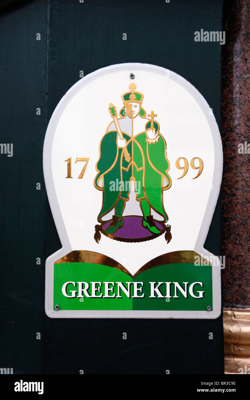 Greene King pub retailer and brewer logo outside a UK pub Stock Photo