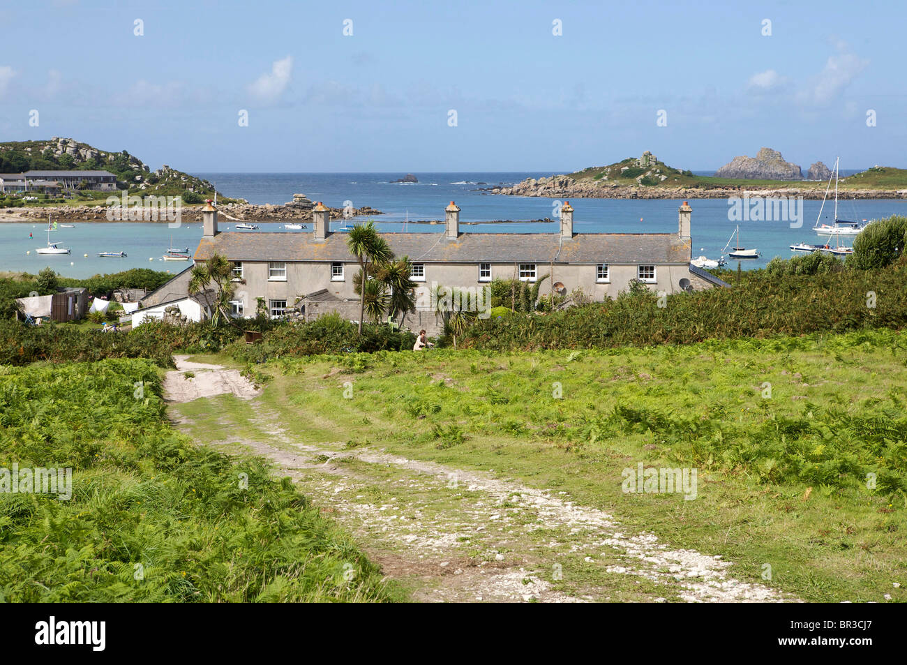 Terraced Cottages overlooking the sea,Tresco Isles of Scilly Stock Photo