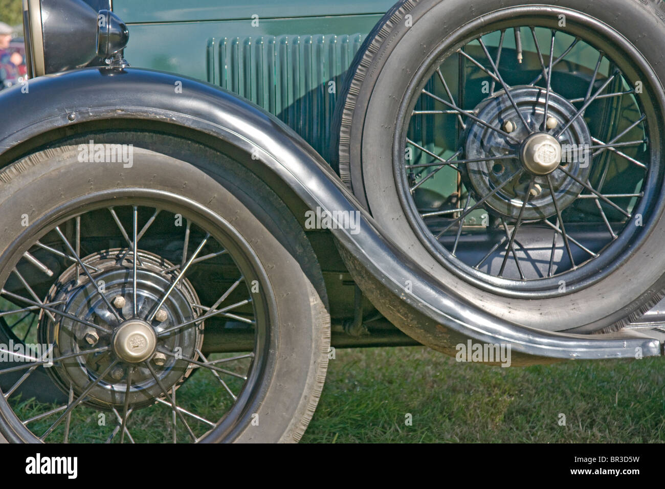 Front nearside wheel and spare wheel on a 1928 model A Ford Pick-up. Stock Photo