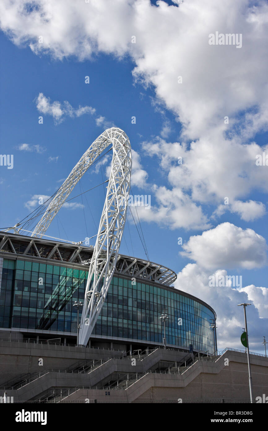 Eastern elevation of the famous London landmark of Wembley Stadium and it`s recognizable arch 