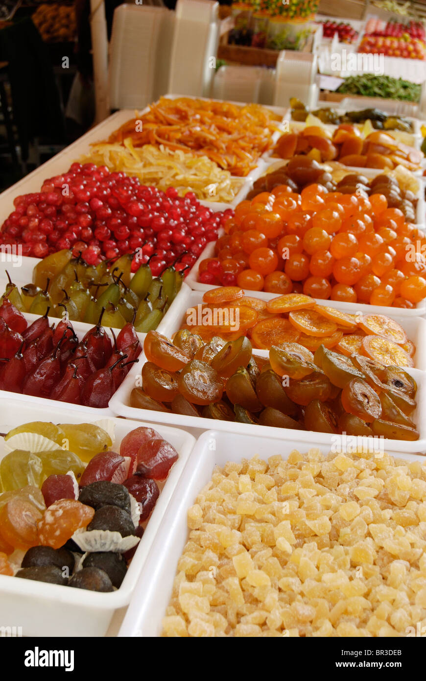 Glace fruits (sugar coated dried fruits) on Market stall in Nice. Cote d'Azur. France Stock Photo