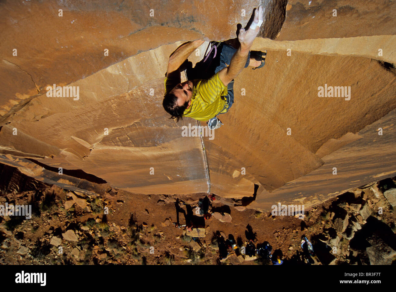 A man rock climbing in Indian Creek, Utah. Stock Photo