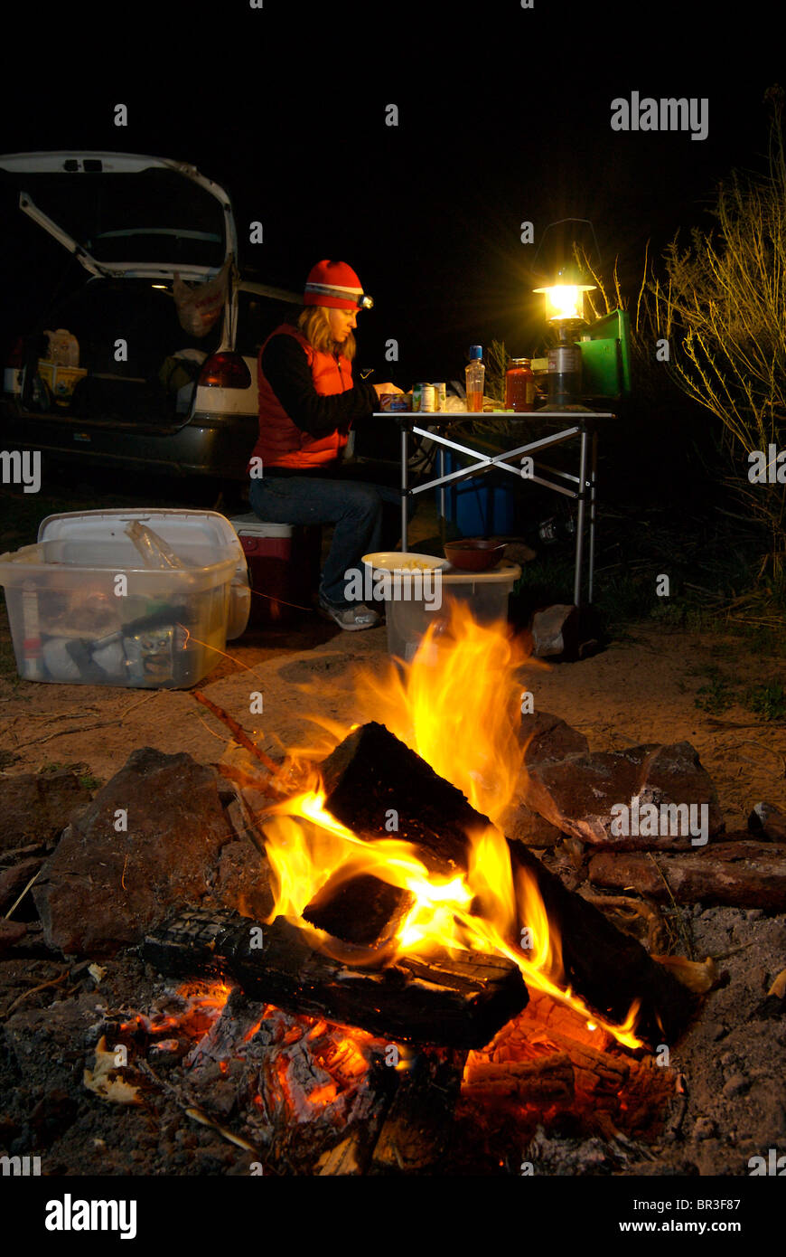 A woman camping in Indian Creek, Utah. Stock Photo