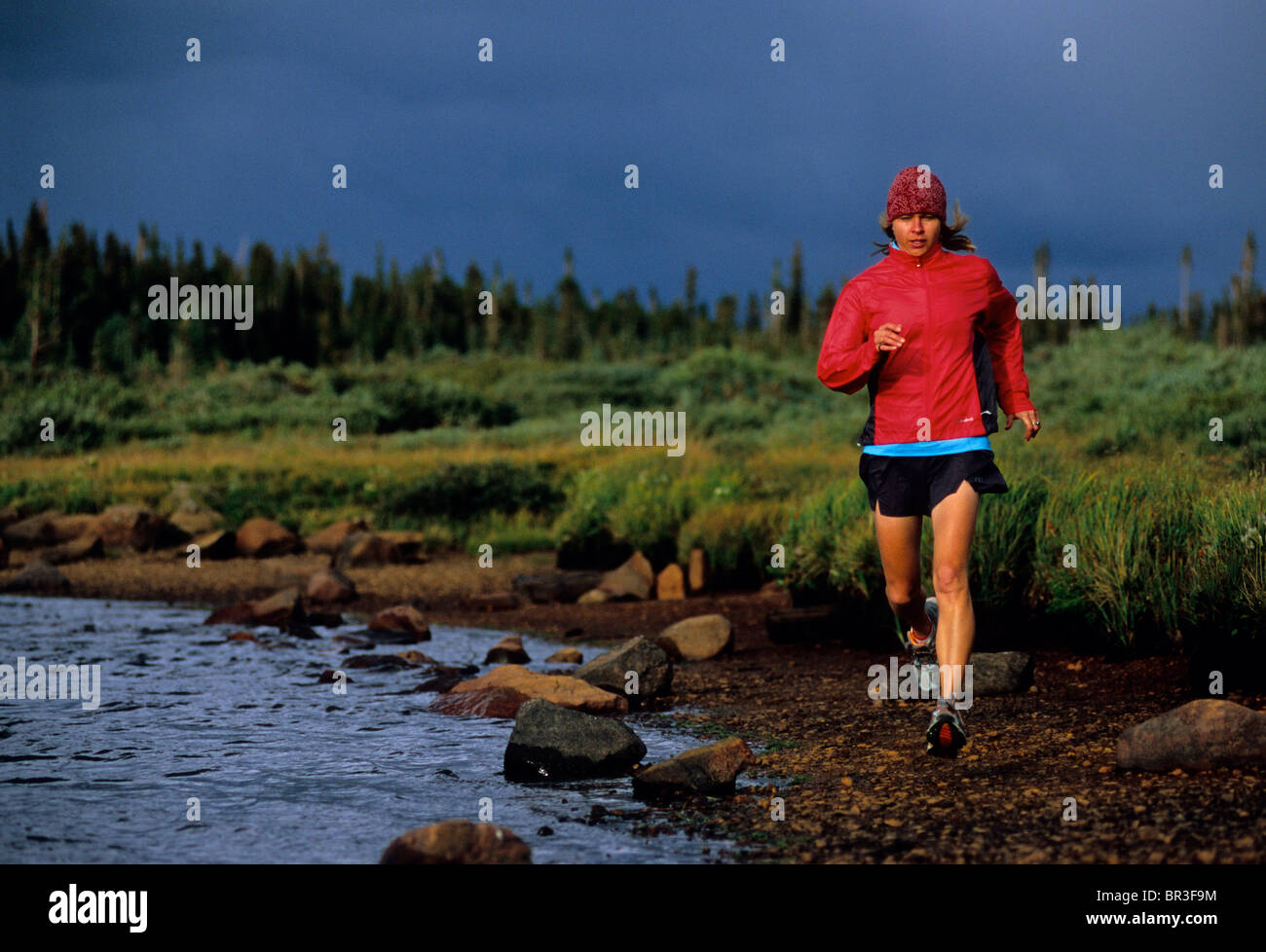 A woman trail runs at Brainard Lake, Colorado. Stock Photo