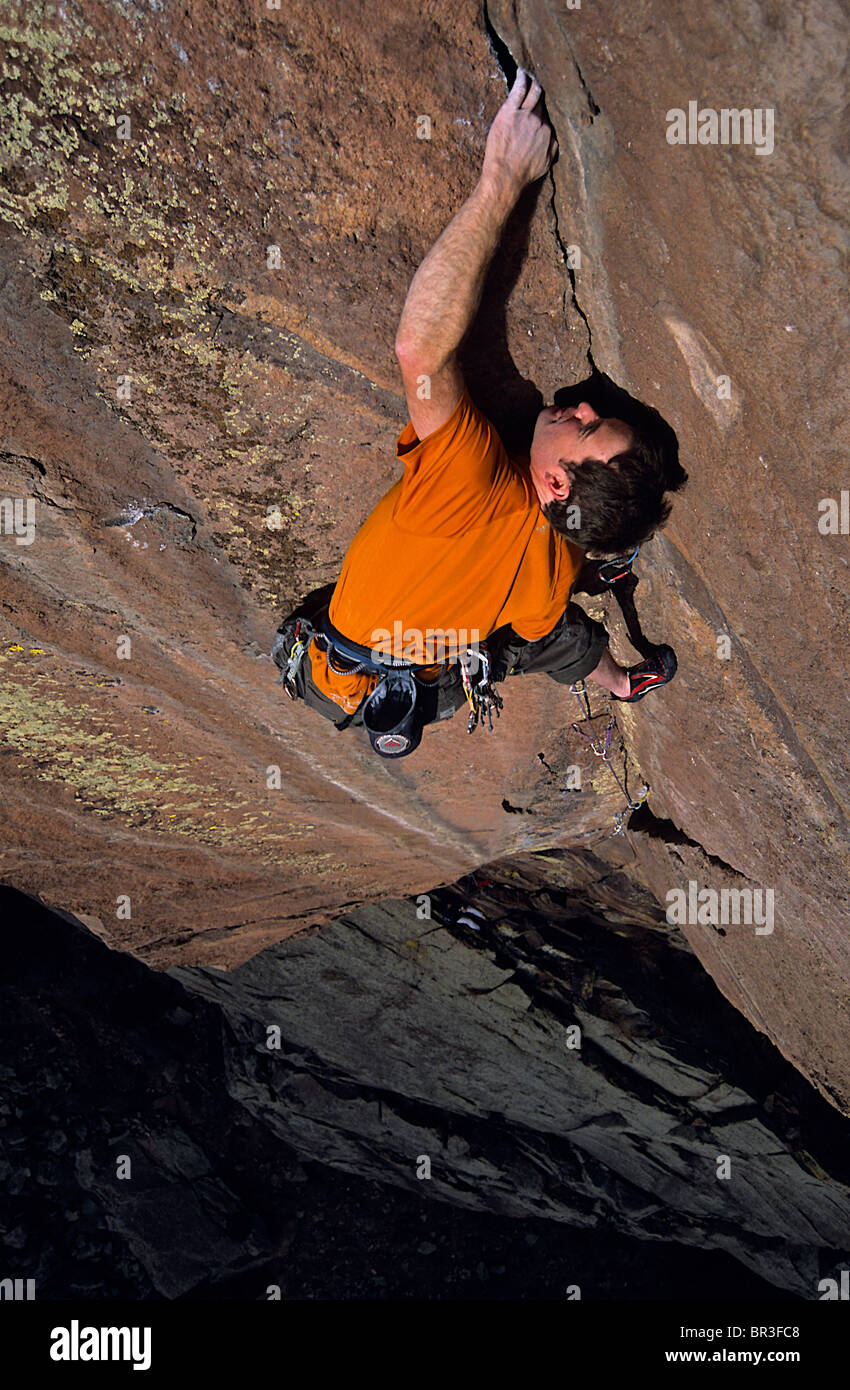 A man climbing at the Mickey Mouse Wall, Colorado. Stock Photo