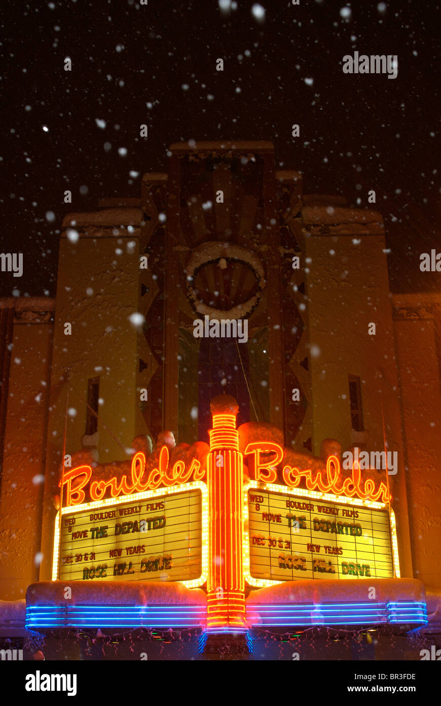 The Boulder Theater on winter night. Boulder, Colorado.(flash). Stock Photo